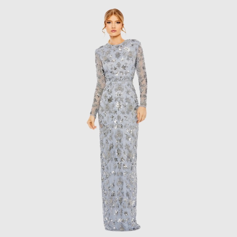 MAC DUGGAL Blue High Neck Long Sleeve Embellished Column Gown